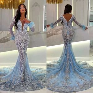 Evening Mermaid Dresses Illusion Crystal Blue Stunning V Neck Long Sleeves Prom Dress Rhinestones Sweep Train Feathers Arabic Formal Dresses For Women