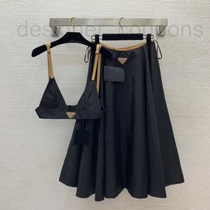 Two Piece Dress Designer Triangle logo set buckle shoulder strap triangle cup suspender top+high waisted large hem side zipper long skirt 0W7W