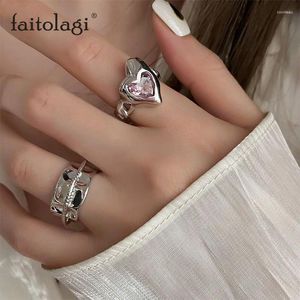 Cluster Rings Elegant Opening For Women Heart Pink Zircon Silver Color Simplicity Geometry Cool Ring Girls Jewelry Party