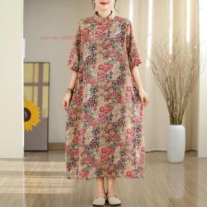 Etniska kläder 2024 Kinesisk vintage klänning Förbättrad Cheongsam National Flower Print A-Line Qipao Oriental Elegant Folk Streetwear