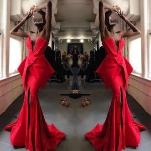 Czerwona seksowna syrena sukienki na studniówkę bez ramiączki Front Split Palenki Długość podłogi szata Soiree vesta de festa suknia.