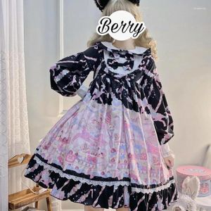 Casual Dresses Japanese Sweet Lolita OP Dress Women Cute Cartoon Print Bow Ruffles Long Sleeve Girls Kawaii Princess Party Vestidos