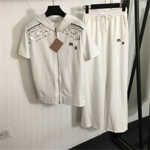 Summer Womens Tracksuit Two Piece Set Women Designer Suit Sequin Embroidered Short-sleeved Hooded Zipper Jacket and Elastic-waisted Wide-leg Pants Woman Clothes