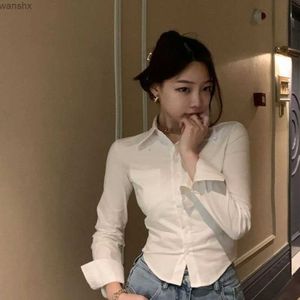 Women's Blouses Shirts Womens Folding Slim Fit Cutting Top Daily Design White Pure Korean Fashion Leisure Office Womens Full Matching Flexible SpringL2405