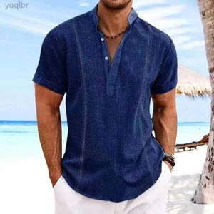 Men's T-Shirts Mens summer beach shirt white navy blue short sleeved plain standing collar summer casual day clothingL2405