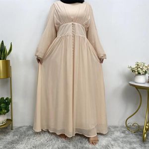 Ethnische Kleidung Dubai Abayas Türkei Islamische Caftan Chiffon Manschettenärmel Muslim Kleid Frauen Einfache Langarm Lose Ladies Roben Mitte