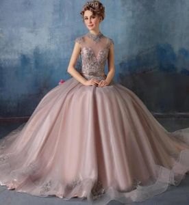 2019 جديدة عالية الرقبة quinceanera فساتين الدانتيل مع ثوب الكرة بالخرز الكريستال الحلو 16 العباءات حفلة موسيقية فيديس دي كوينسيانرا 7118720