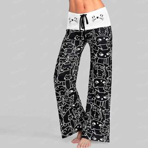 Calças femininas Capris Women Cat Prinha pernas largas pernas de perna causal dança solta cintura de calça longa ladrinha ladrias de elasticidade calças esportivas y240429