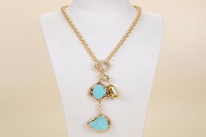 Guaiguai Jewelry White Biwa Pearl Turquoise Lariat Necklace for Women Gems Real Stone Stone Mashing Jewellery7493258