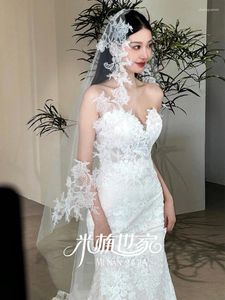 ヘアクリップフレンチレースロングベールソフトシンプルな花嫁ウェディングヘッドドレスメイクアップ