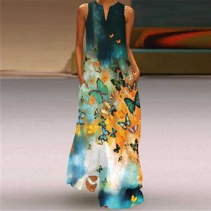 Basic Casual Dresses Summer Long Dress Women Slveless Loose V-neck Elegant Dresses Party Ink Butterfly Floral 3D Print Vintage Chinese Style Dress Y240429