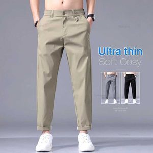 Men's Pants Summer ultra-thin mens ice silk casual pants fashionable solid color loose business straight ankle length mens black gray color card color J240429