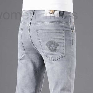 Men's Jeans designer European summer high-end embroidered jeans men's grey fashion trend slim elastic straight pants 0C87