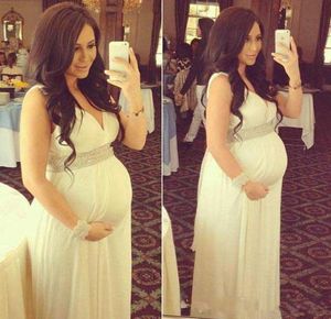 Elegant Maternity Pregnant Wedding Dresses V Neck Sleeveless Beaded With Sash Empire Waist Chiffon Long Bridal Gowns Custom Size1631409