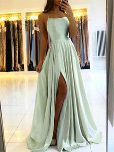 Eleganta kvinnor maxi strand satin klänning sexig ben slits snörning kväll prom klänning justerbara remmar brudtärklänningar 240425