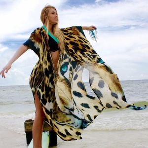 Bikini Coverups Sexy Tiger Pattern Print Kimono Robe Plaage Baddräkt Cover Up Boho Loose Long Dress 240419