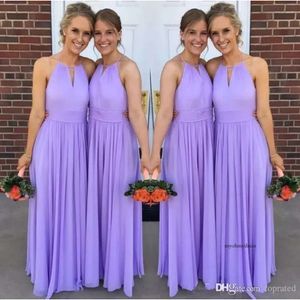 Cheap Sexy Lavender Long Beach A Line Bridesmaid Dresses Halter Neck Chiffon Pleats Backless Maid Of Honor Gowns Wedding Guest Dress 0430