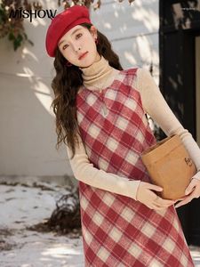 Lässige Kleider Mishow Wolle Mischplaid für Frauen Winter Mode Wolle Midi A-Line Vintage Koreanische Damen Weste Frau MXC58L1621