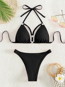 Women's Swimwear Sexy Micro Bikini 2024 Women Solid Black Ring Linked Hollow Out Thong Swimsuit Brazilian Summer Bathing Suit Beachwear