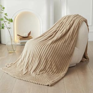 A Solid Color Striped Flannel Blanket Shawl Multipurpose Sofa Cover Home Bed 240430