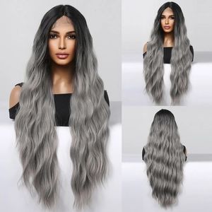 Ombre Grey Ash Lace Front Wig Synthetic Long Wavy Cosplay Wigs для чернокожих женщин Натуральная теплостойкость для волокна ежедневные волосы 240416