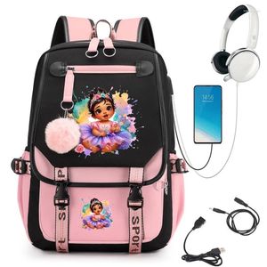 Sırt çantası sevimli prenses suluboya baskı kızlar okul çantası çantaları öğrenci gençler için kitap çantası dizüstü bilgisayar usb mochila