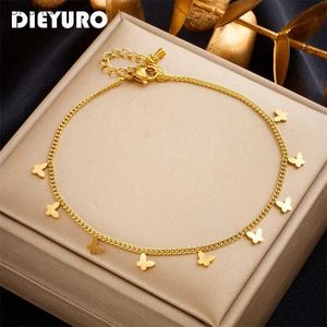 Anklets Dieyuro 316L Edelstahl Golden Butterfly Halskette für Frauen neue Trendbeinkette Nicht verblassende Schmuckgeschenke WX WX