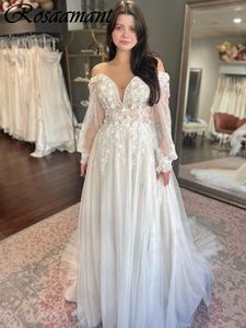 2024 Illusion Long Sleeve 3D Flowers Wedding Dresses A-Line Off The Shoulder Appliques Lace Bridal Gowns Robe De Mariee