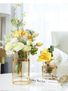 Vaser glas vas gyllene transparent metallhylla blommor arrangemang hydroponics modern hem dekoration skrivbord