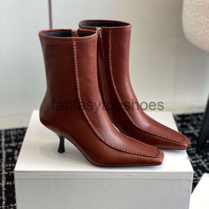 The Row shoes fashion TR Leather Women's boots square zipper heel ankle boots stiletto Luxury designer shoes Factory footwear