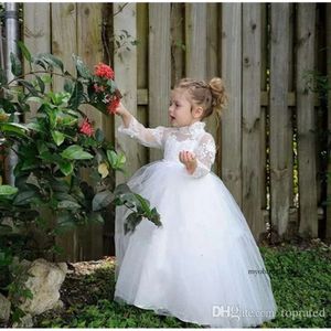 Cheap Lace White Ivory Lovely Princess Flower Girl Dresses High Neck 3/4 Long Sleeve Illusion Tulle Tiered Skirts Birthday Gowns 2024 0430