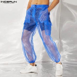 Erkekler Pantolon Incerun Erkekler Mesh Düğmesi Düz Renk 2024 Seksi Tatil Nefes alabilen rahat pantolon cepleri Pantalones Hombre
