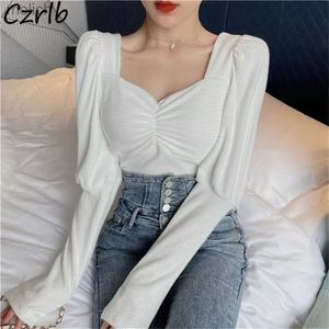 Women's T-Shirt Womens Solid Square Neckline Sexy and Gentle S-3XL Folding Vintage Puff Sleeves Young Female Students Gentle Womens Fashion TopWX