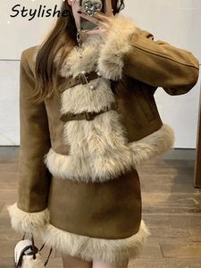 Work Dresses Faux Fur Women Skirt Set Slit Brown Bodycon Long Skirts Autumn Winter Patchwork Suede Padded Jacket Female Cropped Coat