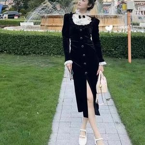 Casual Dresses Spring Summer 2024 Party Dress Women Sexy Lace Patchwork Bow Single Breasted Long Sleeve Black Herben Vintage Robe Femme