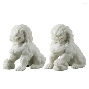 Estatuetas decorativas foo cães estátuas pares de mármore branco feng shui guardian leão 16cm a