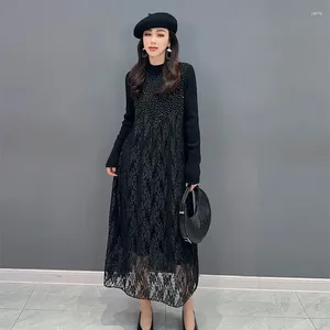 Casual Dresses Temperament Lace Spliced Knitted Dress Women Purple / Black Full Sleeve Pullovers Stylish Patchwork A Line Sweater