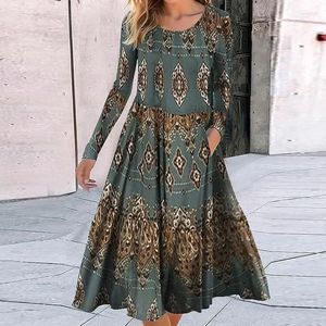 Vestidos casuais fêmeas de bolso bohemiano feminino feminino giro plissout maxi maxi vintage padrão geométrico de manga longa outono