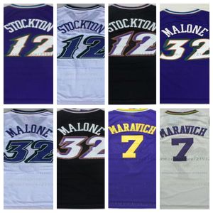 Högkvalitativ John 12 Stockton Jersey Retro Purple White Karl 32 Malone Basketball 7 Pistol 44 Pete Maravich Jerseys College Shirts Mens Mens