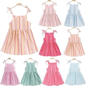 2023 Verão Girls Versão coreana Vestido de tira de tiras crianças rosa mangas imprimidas algodão e linho Princesa casual 240428