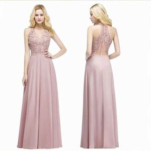 Runway Dresses Dusty Halter Neck Lace Pearls Evening Dresses Long Sexy Open Back Chiffon Formal Party Prom Gowns Vestido de Gala Jurkken Y240426