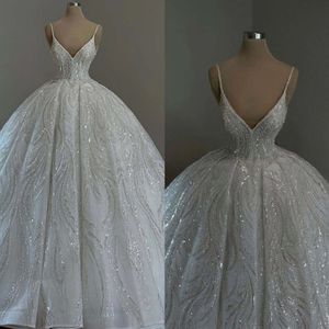 Dress Ball Wedding For Gown Crystal Princess Bride Spaghetti V Neck Wedding Dresses Sweep Train Ruffle Designer Bridal Gowns es s