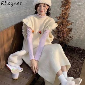 Casual Dresses O-neck Dress Sweet Girls Sleeveless Knitting Autumn Warm Design Elegant 3d Print Ruffles Korean-style Midi Floral Solid