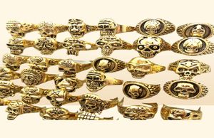 Whole lot 50pcs Gold Mix Men Gift Mens Punk Style Jewelry Skull Ring Skeleton Pattern Man Gothic Biker Rings Party Gift Wholes8792087