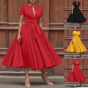 Casual Dresses 2024 Summer Women's Fashion Dress Vintage Elegant Pleated Large Swing Long Sexy Short Sleeve High Waisted