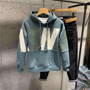 hoodies sweatshirts Velvet Thickened Casual Men's Alphabet Color Block Hooded Sweater for Autumn Winter Fashion Brand Loose and Handsome Pullover Top