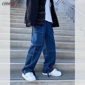 Men's Jeans LINHUA Mens Wide Leg Jeans Mens Spring Cargo Pants Hip Hop Street Clothing New Loose Straight Pocket Jeans Mens Work Jeans WX