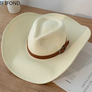 Breda randen hattar hink hattar ny design naturlig per västerländsk cowboy hatt 13 cm stor breda grim kvinnor män sommar strand stratt hattar panama cowgirl jazz sun cs j240429