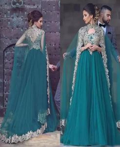 ゴージャスな2018 Teal Tulle Arabic Dresses The Pretty Lace Aptliques High Collar LapsフォーマルガウンカスタムメイドEN100789996245