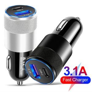 3.1A PDポータブルカー充電器メタルデュアル2ポートUSB-A USB-C出力充電カーアダプター用のiPhone 15 14 13 12 11 Pro Plus Xiaomi Huawei Samsung S24 S22クイック充電器